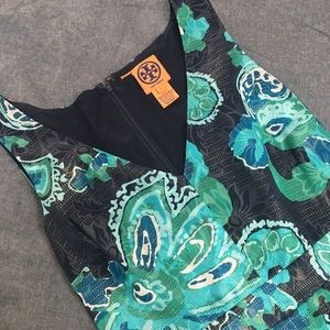 Tory Burch Silk Dress / Dk Blue Green Floral Sz 2